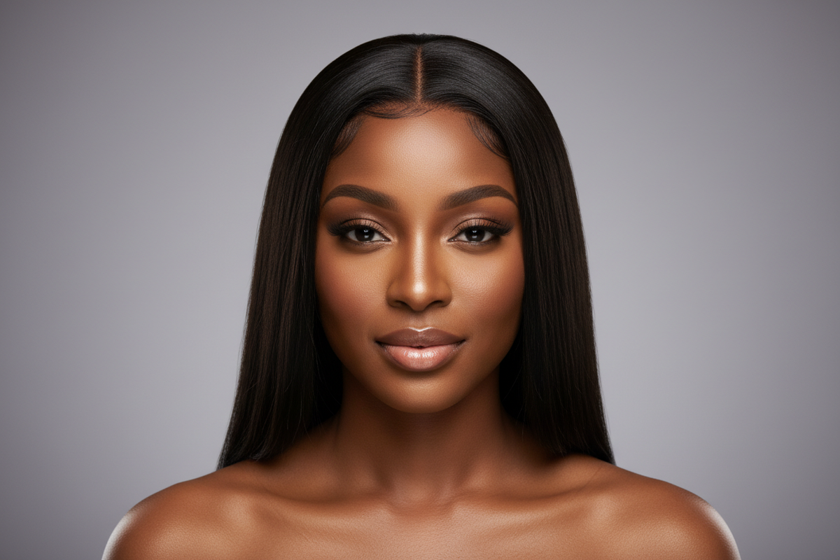 Beautiful African woman with sleek straight black lace wig, flawless skin, professional headshot, studio lighting, confident expression, centered square composition, premium quality photo, photorealistic, 1024x1024px, square format 1:1, 8K resolution