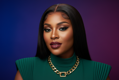 Close-up beauty shot of a confident woman with sleek straight black lace front wig, fashion-forward styling, modern chic look, studio lighting, premium quality, sharp focus, vibrant colors, 1920x600px banner format, professional photography