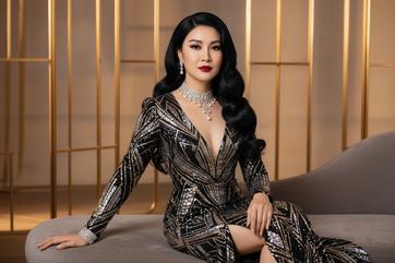 Glamorous portrait of elegant woman with long flowing black hair wig, sophisticated makeup, luxury aesthetic, high-end fashion photography, studio lighting, crystal clear details, 1920x600px banner format, magazine quality