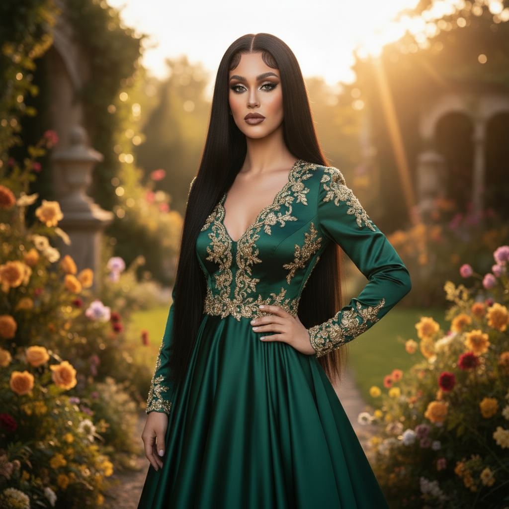 Elegant mixed-race woman with long flowing black straight hair wig, golden hour lighting, outdoor setting, natural beauty, high-end fashion photography style, square centered composition, crystal clear details, 1024x1024px, square format 1:1, professional portrait