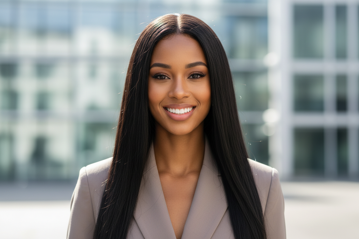 Professional square portrait of a confident young French woman with long straight black lace front wig, natural makeup, bright smile, modern urban background, centered composition, high quality photography, 1024x1024px, natural lighting, elegant and sophisticated, square format 1:1