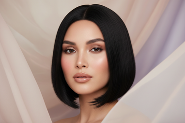 Stunning beauty portrait of woman with perfect black straight hair wig, flawless skin, natural elegant makeup, soft romantic lighting, dreamy aesthetic, 1920x600px banner format, high-end beauty photography